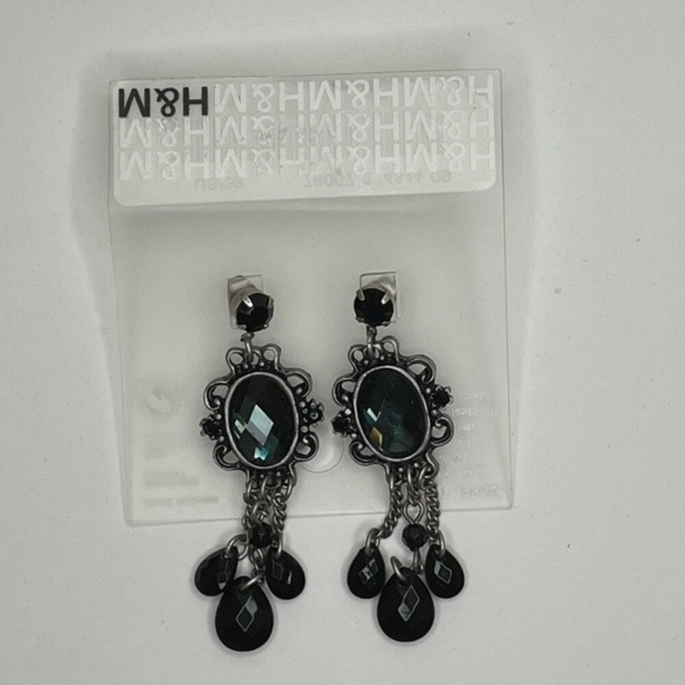 H&M Silver Tone with Black Cabochon Dangle Earring for Pierced Ears